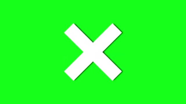 White cross mark icon on green screen chroma key background. Symbol of error, rejection, cancellation, or wrong choice
