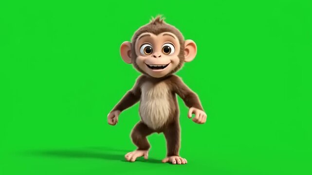 Cute 3D Cartoon Monkey Character Performing an Energetic Animal Dance Green Screen Animation for Video Editing