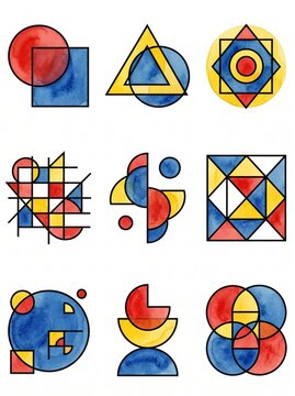 Abstract Bauhaus style watercolor geometric shapes set with red blue and yellow primary colors on white background. Nine minimalist compositions with circles squares and triangles for modern art.