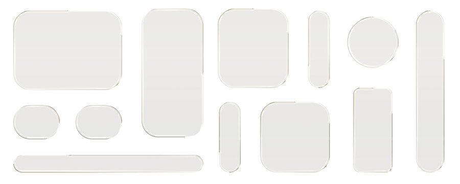 Transparent glass elements with liquid morphism effect for ui design and modern interfaces. Rounded rectangles, circles and buttons with frosted blur overlay. Glassmorphism components for web or app