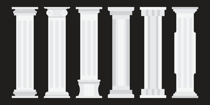 Classical architectural column set featuring six decorative pillars in varied styles,Suitable for architecture, construction, historical design, and ornamental illustration projects.