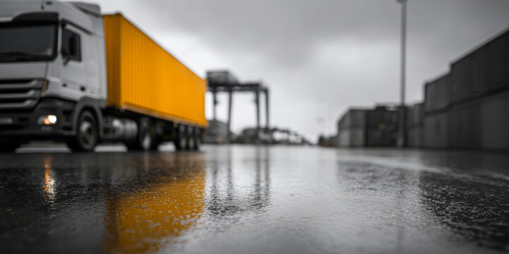 Cargo truck with yellow container at port