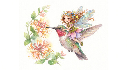 Fototapeta premium Cute Watercolor Garden Fairy Riding a Giant Hummingbird in Flight
