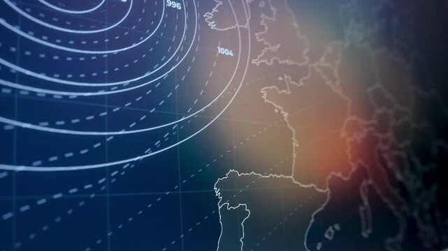 Camera shot computer monitor European weather data low pressure system isobars pressure values wind flow indicators warm temperature zones. Visible screen pixels meteorology forecasting climate
