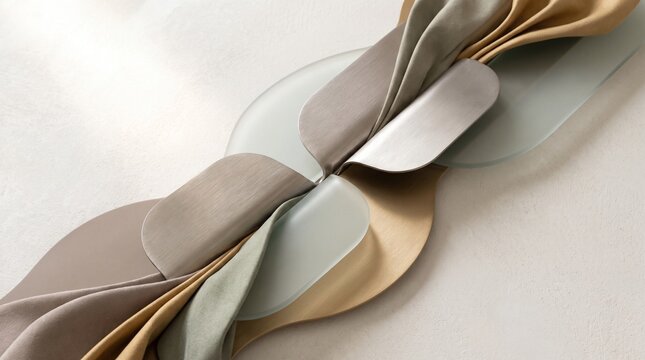Layered fabric and metallic curved ribbons in pastel colors on a flat surface