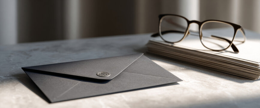 Black envelope with stack of letters and glasses