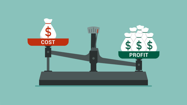 Cost and profit comparison on a scale: successful business