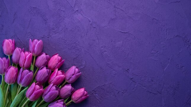 Purple Tulip Flowers Bunch on Violet Plaster Wall Background &ndash; Minimalist Flat Lay Spring Banner