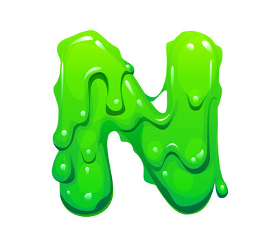 Cartoon spooky alphabet letter N with dripping green toxic slime or melting radioactive ooze. Glossy creepy font for Halloween party decorations, horror website headers or alien monster banners