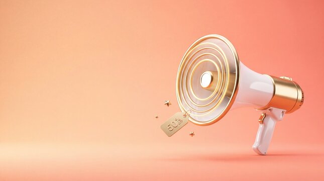 Commercial 3D e-commerce sale promotion banner featuring golden acoustic megaphone with discount tag