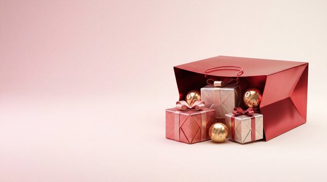 Commercial 3D e-commerce sale promotion banner showing shopping bag with gifts