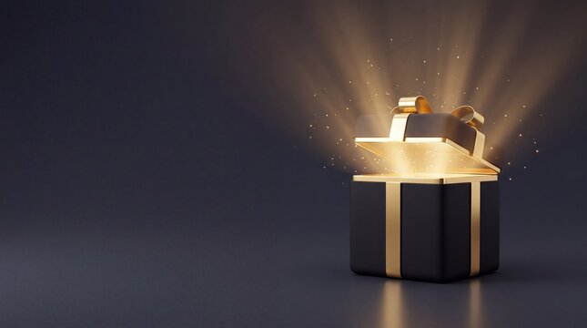 Commercial 3D e-commerce sale promotion banner featuring glowing mystery box with copy space