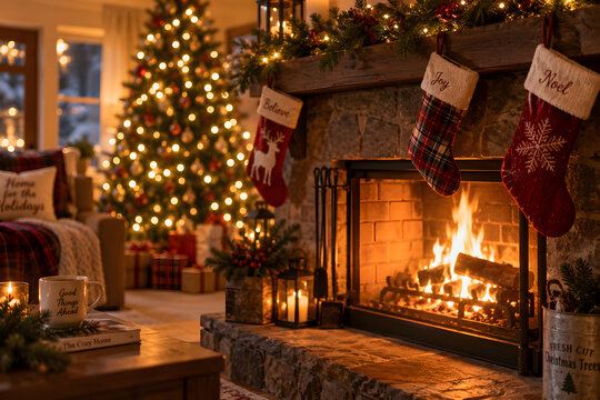 Cozy Christmas Hearth: A festive Christmas living room scene with a beautifully decorated tree, a roaring fireplace, and stockings hung by the mantle, creating a warm and inviting atmosphere.