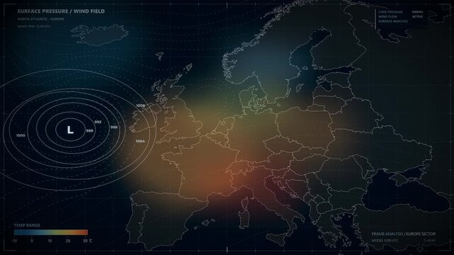 Detailed weather data visualization powerful low pressure system North Atlantic approaching Western Europe. Isobars atmospheric pressure values wind flow temperature zones cyclone circulation