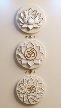 Om Sacred Symbols in Lotus Flower Medallions on Beige Background &ndash; Vertical Yoga Poster Template