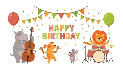 Fototapeta premium Cute cartoon animals playing musical instruments at birthday party with bunting garland balloons and confetti flat vector illustration banner