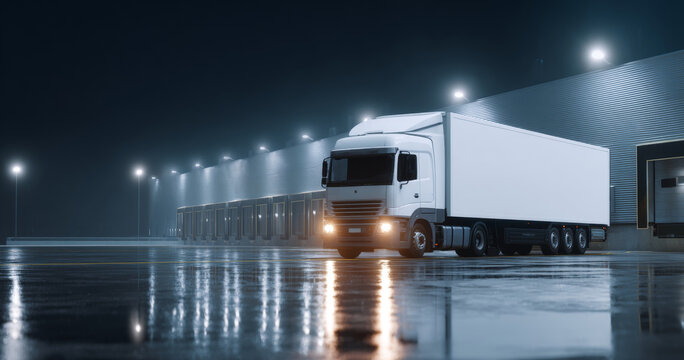 White semi truck parked at warehouse loading dock