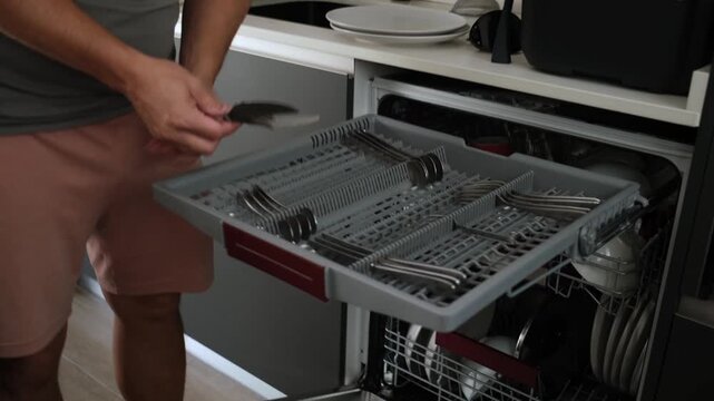 Male hands unloading clean cutlery from a modern dishwasher tray after a washing cycle in the kitchen