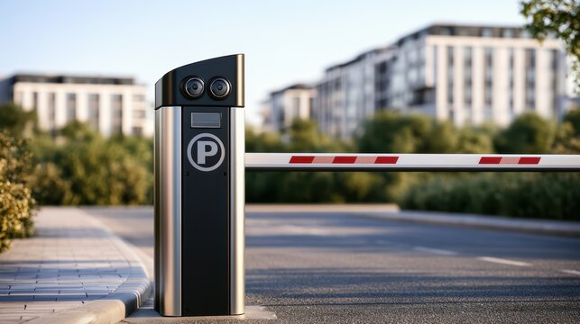 A parking barrier gate at an entrance with modern buildings and greenery in the background on a sunny day.