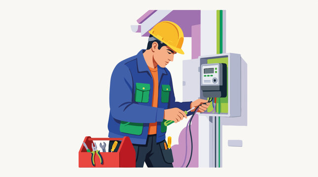 Male electrician installing a smart meter. Electrical maintenance and repair service. Flat design vector illustration
