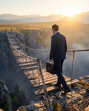 Male executive crossing a precarious bridge.