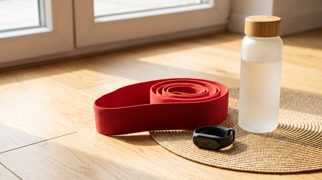 Red resistance band with hydration bottle and fitness tracker on wooden floor near window