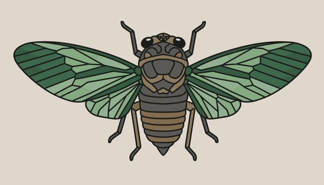 Top view cartoon illustration of a cicada insect with detailed green wings and eyes on a plain background.