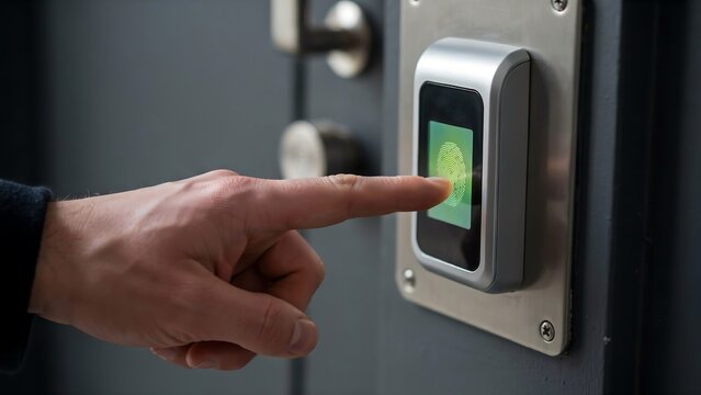 A close-up photograph of a person using a biometric fingerprint scanner for secure digital door access control