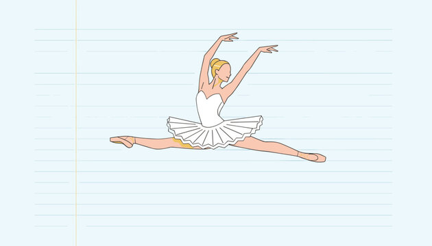 Stylized illustration of a graceful ballerina performing a split leap in a white tutu on a lined paper background.