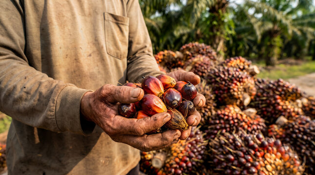 Close-up detail of a farmer holding freshly harvested oil palm fruits, showcasing the vibrant red and orange colors and distinctive texture of the fruit bunches.