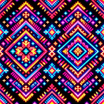 Cyberpunk ethno neon seamless vector pattern with traditional Ukrainian ethnic motifs, folk cross stitch ornament, flowers and geometric shapes