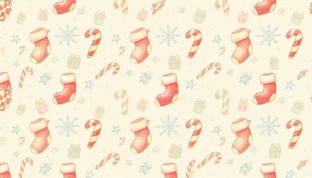 Warm pastel Christmas stockings and falling snowflakes holiday pattern