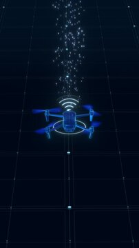 Holographic quadcopter drone transmitting a vertical binary code stream, designed as a dynamic background for mobile app promos and social media.
