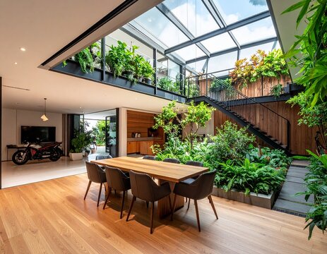 Modern luxury home interior with skylight, indoor garden, wooden dining table, biophilic design, open concept living space, contemporary architecture
