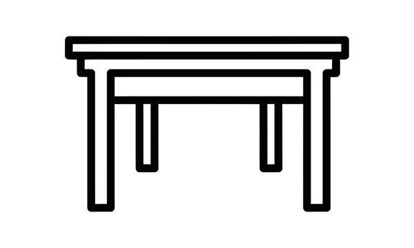 Minimalist black outline vector icon of a simple four-legged dining table on clean white background