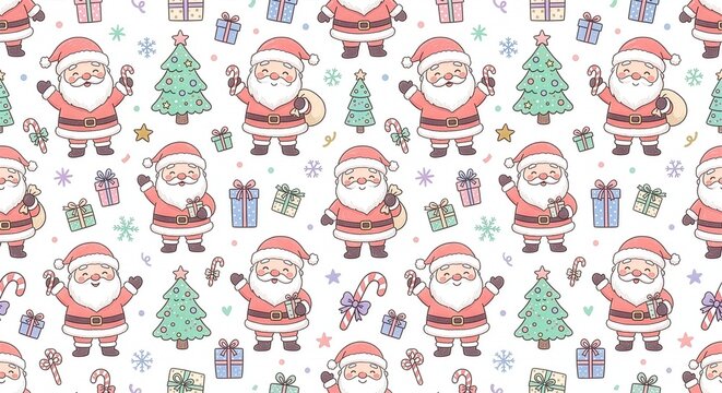 Cute cartoon Santa Claus with gift sacks and trees seamless pattern