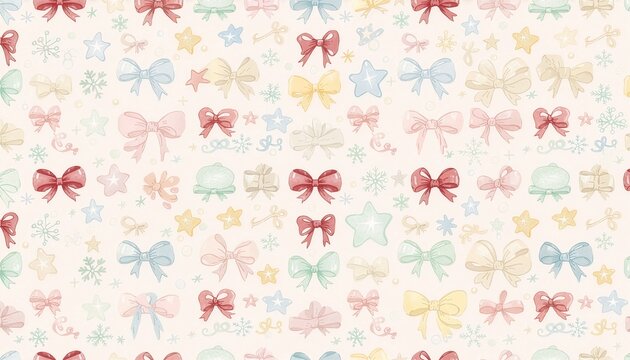 Colorful pastel gift ribbon bows and festive stars seamless pattern