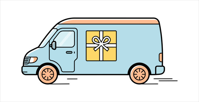 Light blue delivery van carrying a golden gift box package with moving van courier service shipping logistics present box cargo van express delivery