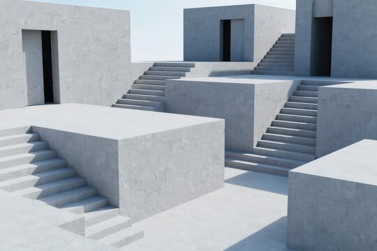 Minimalist concrete architectural structure with stairs and doorways in a surreal geometric landscape