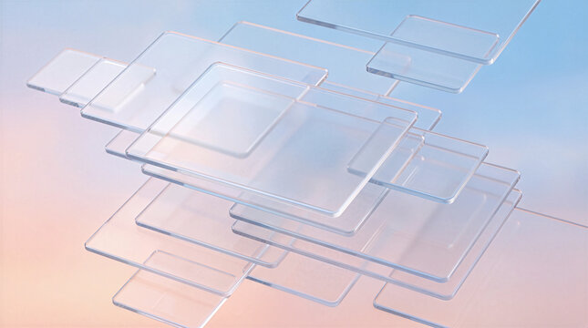 Abstract clear glass rectangles layered geometric background.