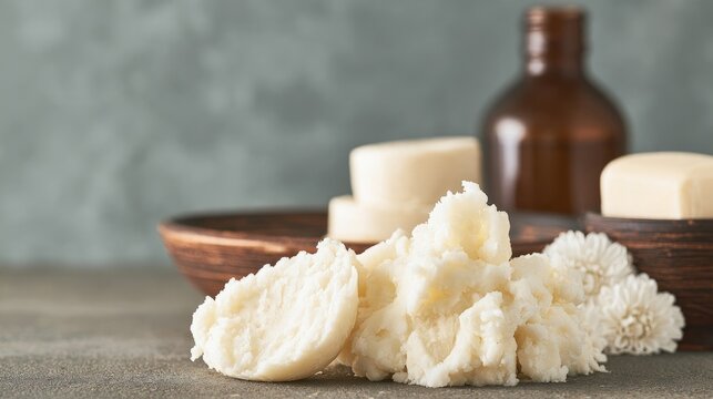 Creamy shea butter and beauty items on gray surface