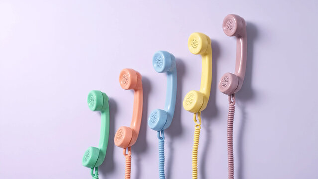 Colorful vintage telephone handsets arranged diagonally on a lilac background