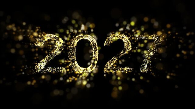 2027 Happy New Year typography made of gold sparkling dust and bokeh lights. Isolated transparent background, Alpha channel ready.