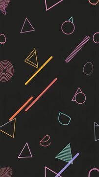 Geometric neon shapes floating on a dark background pattern