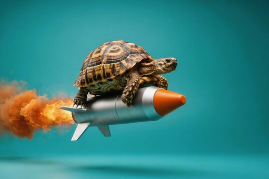 A tortoise riding a rocket with a fiery exhaust trail