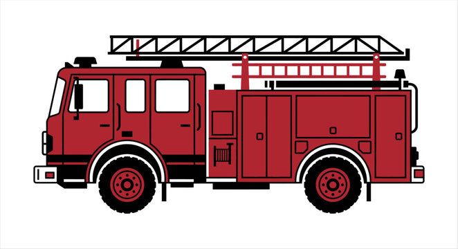 Side view illustration of a classic red fire truck with extended ladder fire engine emergency vehicle fire department heavy vehicle fire service