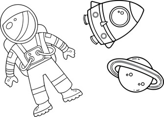 Astronaut Rocket and Saturn Planet Coloring Page Illustration for Kids Space Education Activities © Shahed Vector Mint