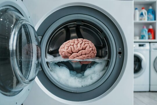 Human brain being washed inside a front loading washing machine