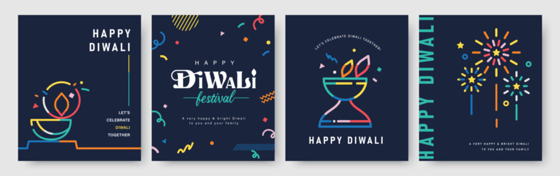 Set of Diwali festival poster design for Indian holiday celebration with oil lamp and fireworks