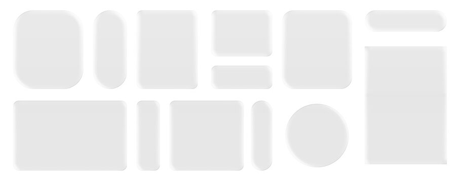 Transparent glass elements with liquid morphism effect for ui design and modern interfaces. Rounded rectangles, circles and buttons with frosted blur overlay. Glassmorphism components for web or app